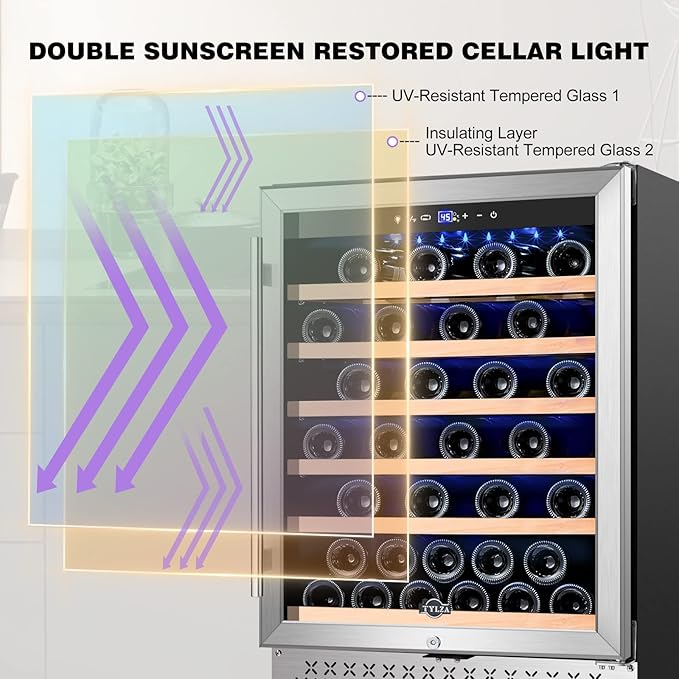 Tylza 24 Inch Wine Fridge, 54 Bottles Wine Refrigerator, Under Counter or Freestanding, 40-65°F, Lock, Double Layer Tempered Glass Door, Wine Cooler Refrigerator with Adjustable Wooden Shelves
