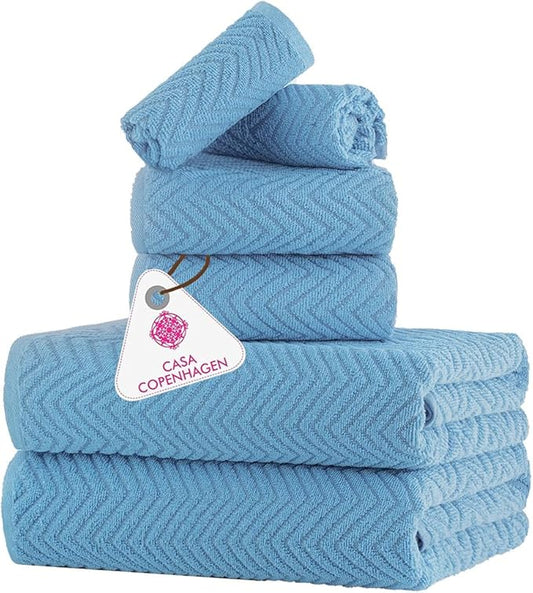 CASA COPENHAGEN Wave Textured 6 Pieces Towel Set- Dusty Blue, 550 GSM 2 Bath Towel 2 Hand Towel 2 Washcloth, Rough & Tough Use Cotton Towels Gift Set for Bathroom