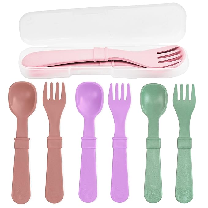 Re-Play Toddler Forks and Spoons Set - 4x4 Utensils for Kids with Case - Dishwasher and Microwave Safe - Made in USA - Pack of 8-5.8" x 1.2" x 0.2" - Blossom