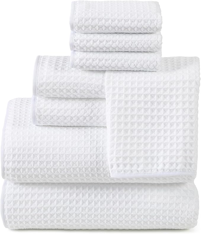 REDKISS 8 Pack Microfiber Waffle Bath Towels - Ivory Waffle Towels for Bathroom, Extra Large, Highly Absorbent, Quick Dry Bath Towel Set, Lint Free Bathroom Towel for Gym, Shower, Hotel and Spa