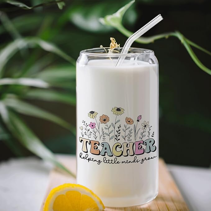 Floral Teacher Glass Cup Lids and Straws 14oz, Kindergarten Teacher Gifts for Women, Teachers Appreciation Gifts Glass Iced Coffee Tumbler Drinking Jars with Cleaning Brush