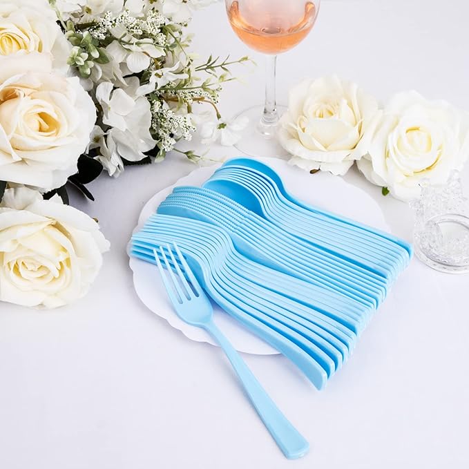 WDF 160 Piece Blue Plastic Silverware - Heavy Duty Blue Silverware Includes 80 Forks, 40 Spoons, 40 Knives, Disposable Plastic Utensils Perfect for Wedding, Graduation, Party
