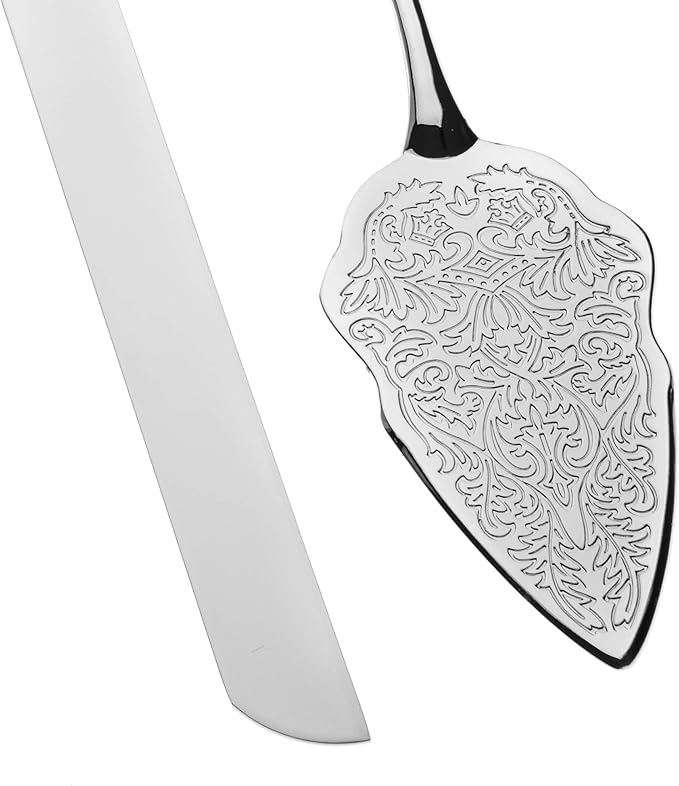 Ella Celebration Cake Knife Server Set Silver Wedding or Anniversary, Vintage Party Supplies Decoration (Elegant Silver)