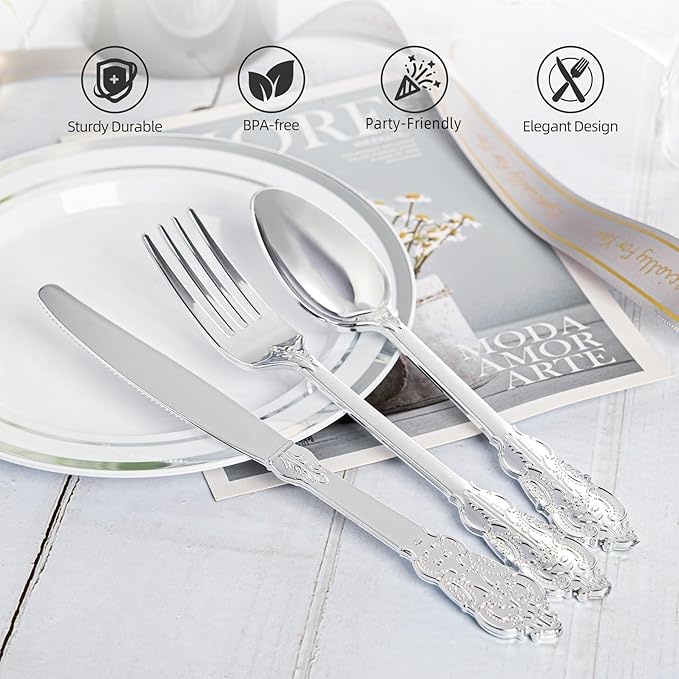 N9R 300PCS Silver Plastic Silverware, Heavy Duty Plastic Cutlery for Parties, Fancy Disposable Flatware Set Includes 100 Forks, 100 Spoons, and 100 Knives, Perfect for Weddings, Dinners, Picnics