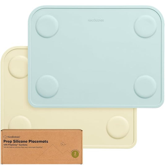 KeaBabies 2-Pack Silicone Placemats for Toddlers - 12x9 Non Slip Suction Baby Silicone Placemat for Kids Eating, Easy to Clean, Busy Travel Baby Mat for Dining Table, Food Grade/BPA-Free (Pastel Sky)