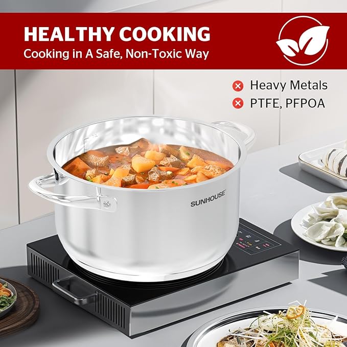 SUNHOUSE 15.5 -Quart Stainless Steel Stockpot – Heavy-Duty Induction Pot with Lid and Riveted Handles – Ideal for Soup, Seafood, Stock, Canning, and Catering for Large Groups and Events