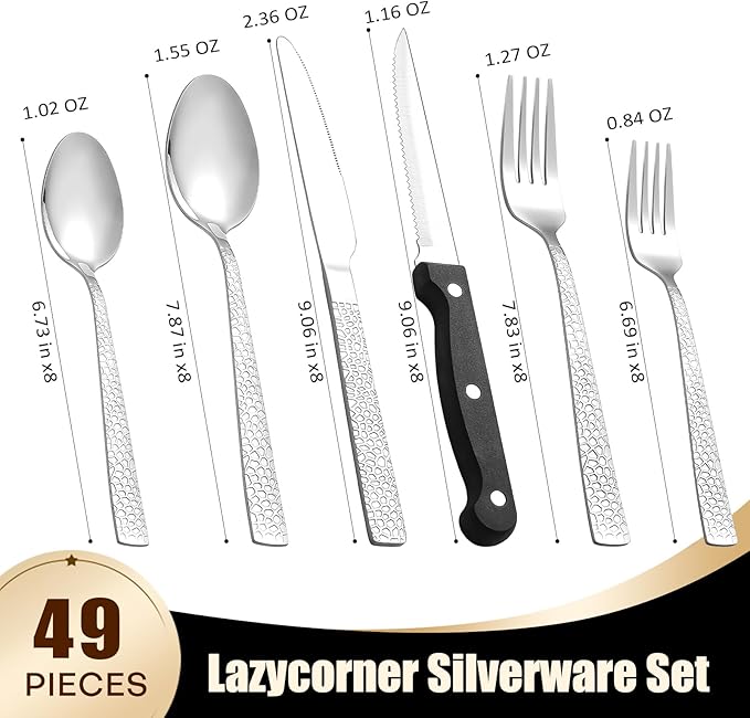 49Pcs Silverware Set with Organizer, Silver Stainless Steel Flatware Set for 8 Cutlery Utensil Sets with Steak Knives, Spoons and Forks Set, Dishwasher Safe