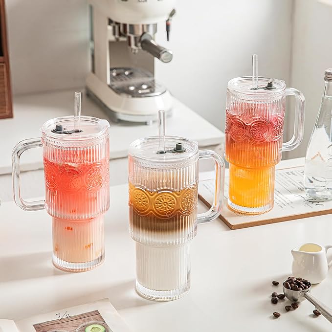 INSETLAN 26oz Ribbed & Floral Glass Tumblers with Handle and Lid, Set of 2 –Reusable Iced Coffee Cups with Straw, Glass Mugs for Water, Smoothies, Tea, and Juice – Ideal for Travel & Daily Use