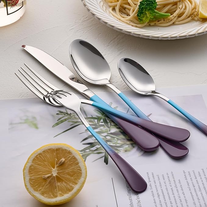 20-Pieces Color Silverware Set for 4,Blue and Purple Handle Stainless Steel Cutlery Set, Include Forks Spoons and Knives Set, Dishwasher Safe Utensil Sets for Home Restaurant