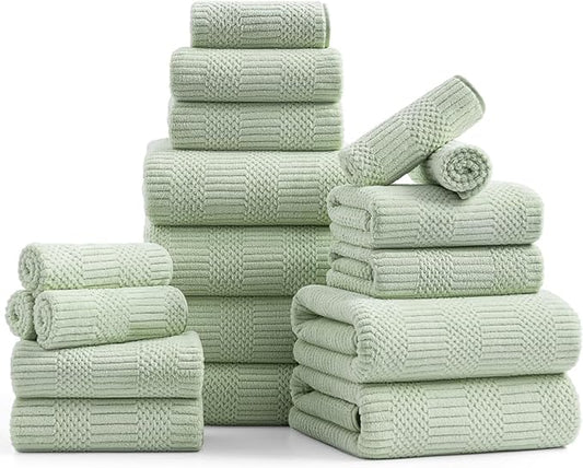 18 Pcs Green Woven Family Towels Set-6 Bath Sheets,6 Hand Towels,6 Washcloths Soft Polyester Towels Absorbent Shower Towel Quick Dry Beach Chair Towel Lint Less Towels Set for Bathroom Spa Gym Hotel