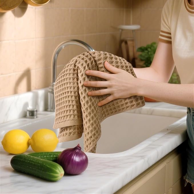 Jacquotha Waffle Bathroom Hand Towels 5-Piece (Tan) – Cotton, Soft, Lightweight, Lint Free, 13” x 29”