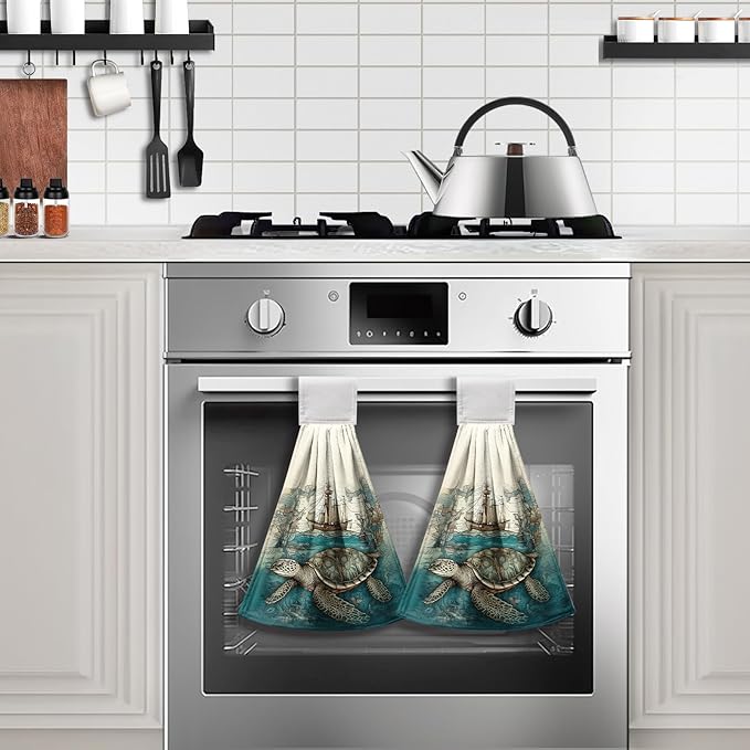 Sea Turtle Hanging Kitchen Towels Set of 2 Summer Ocean Turtle Hand Towel with Loop Coastal Tortoise Sailboats Hanging Dish Towels Absorbent Tie Towel for Bath Kitchen Home