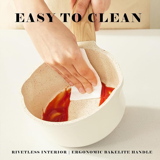 Non Stick Pots and Pans Set Ceramic Cookware Set with Granite Dot, 3pcs Kitchen Cooking Sets Frying Pan Saucepan, No PTFE, No PFAS, Bright Cream