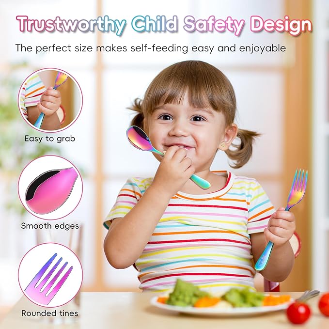 12 Pieces Stainless Steel Rainbow Toddler Utensils Set - Food Grade Kids Silverware Set Children Safe Small Forks and Spoons Mirror Polished Sturdy and Durable Dishwasher Safe