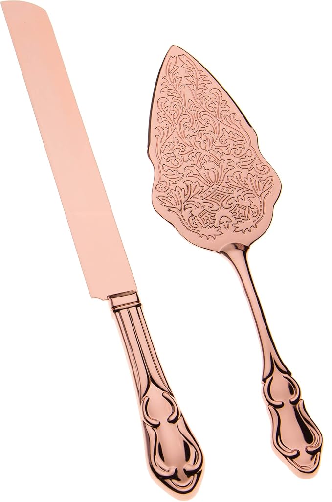 Ella Celebration Cake Knife & Server Set, Rose Gold Cake Cutting Sets for Wedding, Anniversary, Vintage Filigree Party Supplies Decor (Rose Gold)
