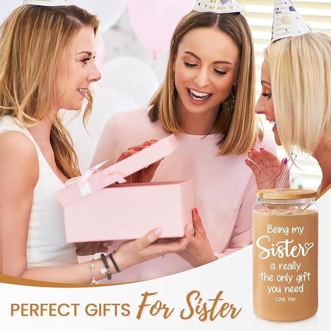 SANDJEST Sister Gift, Funny Sister Coffee Cup, 16 Oz Bamboo Lid & Straw - Gifts for Women, Birthday, Christmas