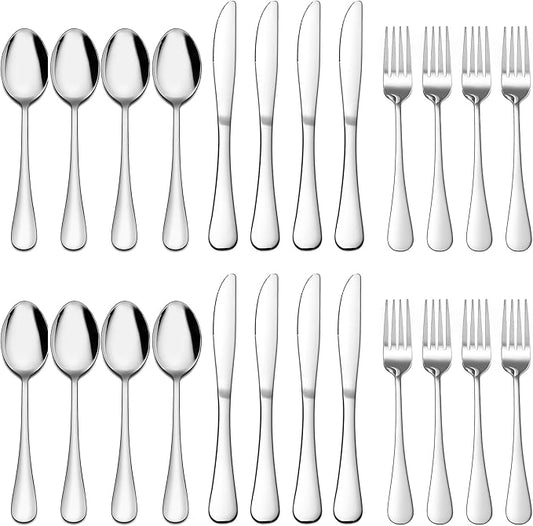 E-far Forks, Spoons and Knives Set for 8, 24 Pieces Stainless Steel Silverware, Food Grade Flatware Cutlery for Home Kitchen Restaurant, Mirror Finish, Dishwasher Safe