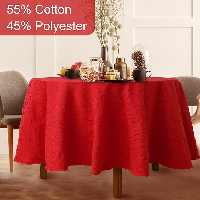 VOOVA & MOVAS Red Round Tablecloth 70" (Seat 4-6), Reusable Table Cloth for 5ft Circle Table, Polyester-Cotton, Washable, 1PC Christmas Holiday Tablecloth with Bow Jacquard