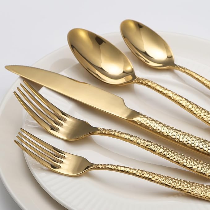 Gold Hammered Silverware Set, 40 Piece Stainless Steel Flatware Set for 8, Food-Grade Tableware Cutlery Set for Home Restaurant, Mirror Polished, Dishwasher Safe