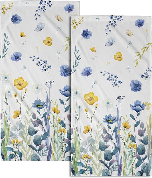 Blue Yellow Floral Hand Towels 2 PCS，Watercolor Poppy Flowers Botanical Leaves Kitchen Dish Towel Spring Summer Decor Washcloth for Bathroom Home Spa Gift 14.4 x 28.3 Inch