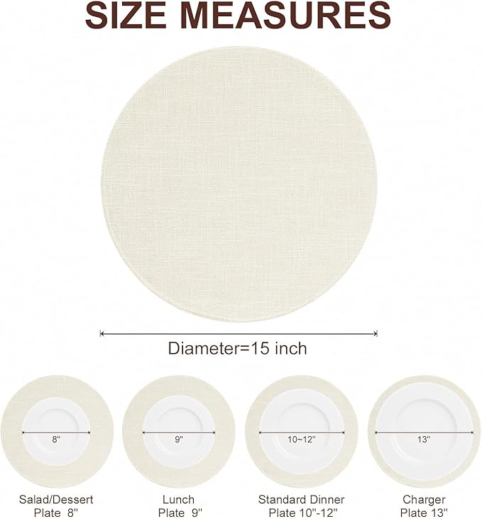 homing 15 Inch Round Cloth Placemats Set of 4, Cotton Linen Blend Washable Table Mats, Farmhouse Dining Place Mats for Indoors & Outdoors, Easy to Clean, Cream
