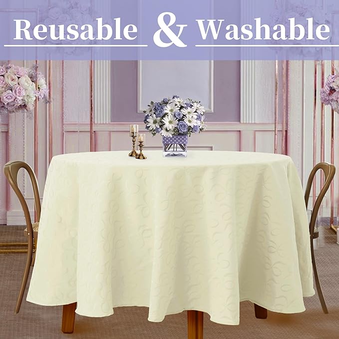 Cream Round Tablecloth 70 Inch (4-6 Seat) - Cotton Polyester, Wrinkle/Fade Resistant, Reusable - Luxury Jacquard Table Cloth - 1PC Circle Table Cover for Dining, Wedding & Birthday Party, Cream Bows