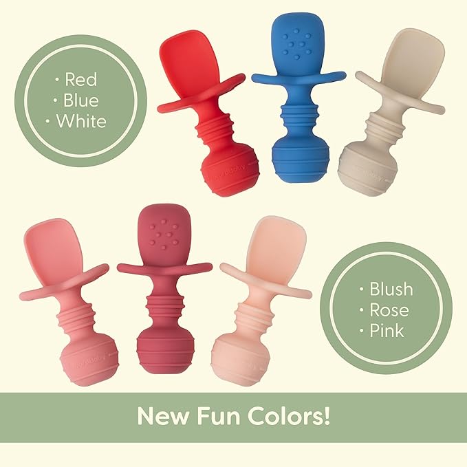 UpwardBaby Self-Feeding Spoon with Choke Barrier - Silicone Baby Spoons Toddler Utensils for Home & Travel, Textured Tips Massage Gums & Baby-Led Weaning, Tiny, Pack of 3, Blue/Gray/Mint