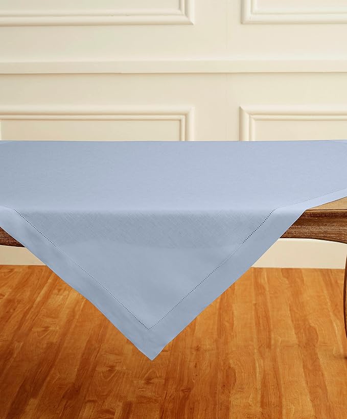 Solino Home Square Linen Tablecloth 52 x 52 Inch - 100% Pure Linen Sky Blue Table Throw - Classic Hemstitch, Machine Washable Table Cloth for New Year