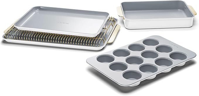 Caraway Nonstick Ceramic Bakeware Set (5 Pieces) - Baking Sheets, Assorted Baking Pans & Storage - Aluminized Steel Body - Non Toxic, PTFE & PFOA Free - White