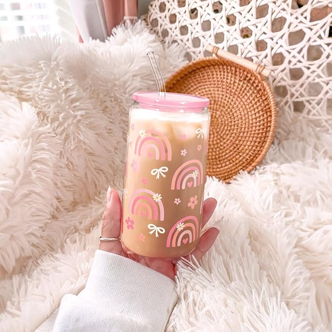Rainbow 16oz Can Glass Tumbler with Acrylic Lid & Straw, Iced Coffee Cup for Women Girls, Aesthetic Cups Gifts for Birthday Christmas