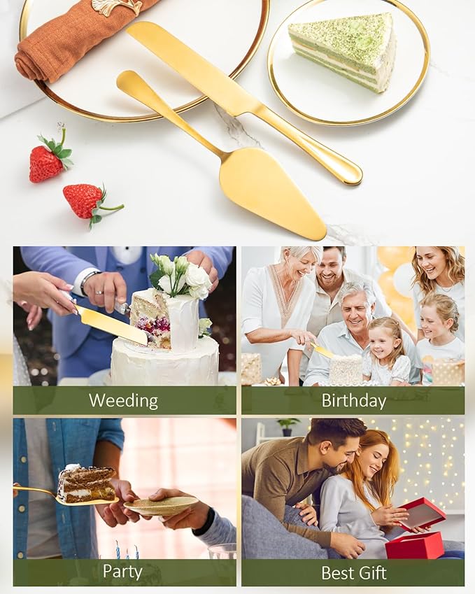 2-Piece Premium Cake Cutting Set, Exquisite Knife and Server with Serrated Design, Includes Cake Knife and Pie Spatula for Pastry, Pizza and Desserts (Gold)