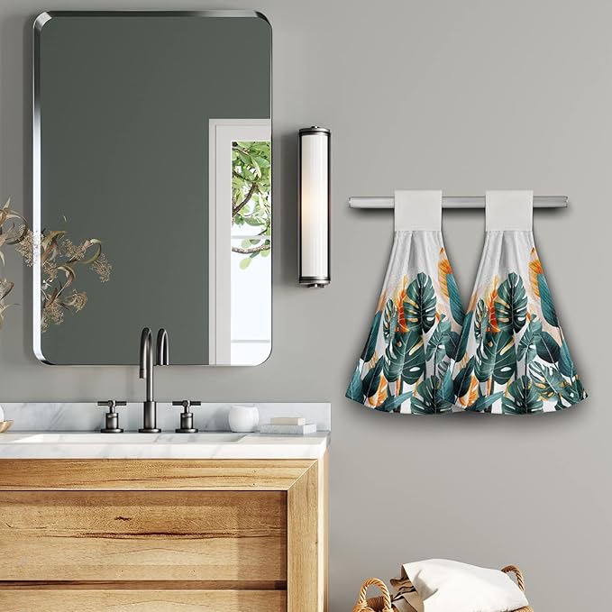 Giwawa Palm Leaves Hanging Kitchen Towels Tropical Leaf Dish Cloth Tie Towels 2 Pcs Hand Towel Tea Bar Dry Towel for Bathroom Laundry Room