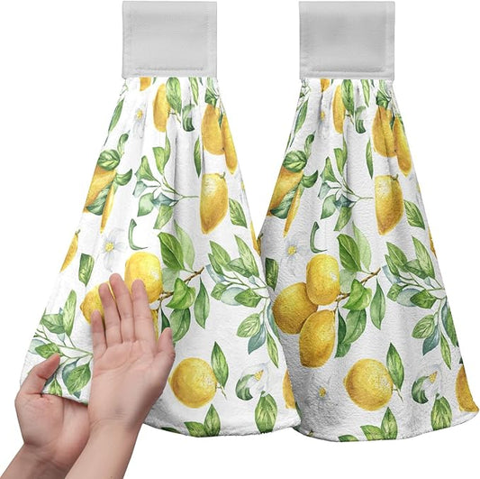 Spring Lemon Kitchen Hand Towels with Loop 2 Pcs Summer Leaves Yellow Lemons Hanging Dish Towels Soft Absorbent Tie Towel Dishcloths for Bathroom Kitchen Washroom 17 x 12 in