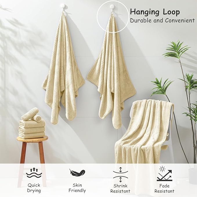 18 Pcs Yellow Woven Family Towels Set-6 Bath Sheets,6 Hand Towels,6 Washcloths Soft Polyester Towels Absorbent Shower Towel Quick Dry Beach Chair Towel Lint Less Towels Set for Bathroom Spa Gym Hotel