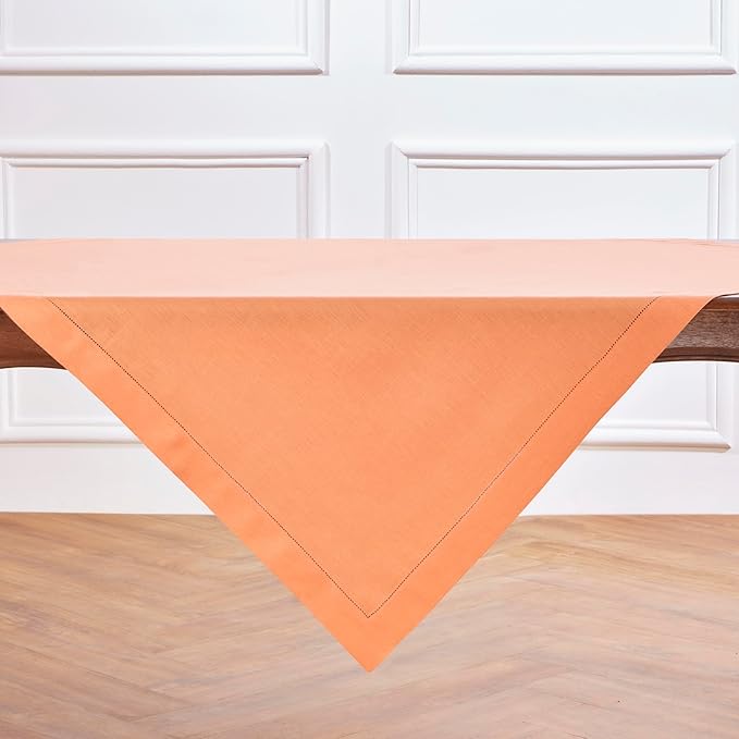 Solino Home Coral Linen Tablecloth 52 x 52 Inch - 100% Pure Linen Square Table Throw - Classic Hemstitch, Machine Washable Table Cloth