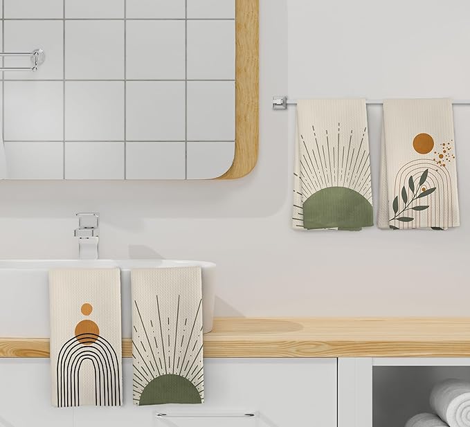 Boho Abstract Sage Green Sunshine Kitchen Towels and Dishcloths Set of 4, Boho Mid Century Modern Abstract Minimalist Sunshine Drying Cloth Hand Dish Tea Towels for Bathroom Kitchen, 16x24 Inches