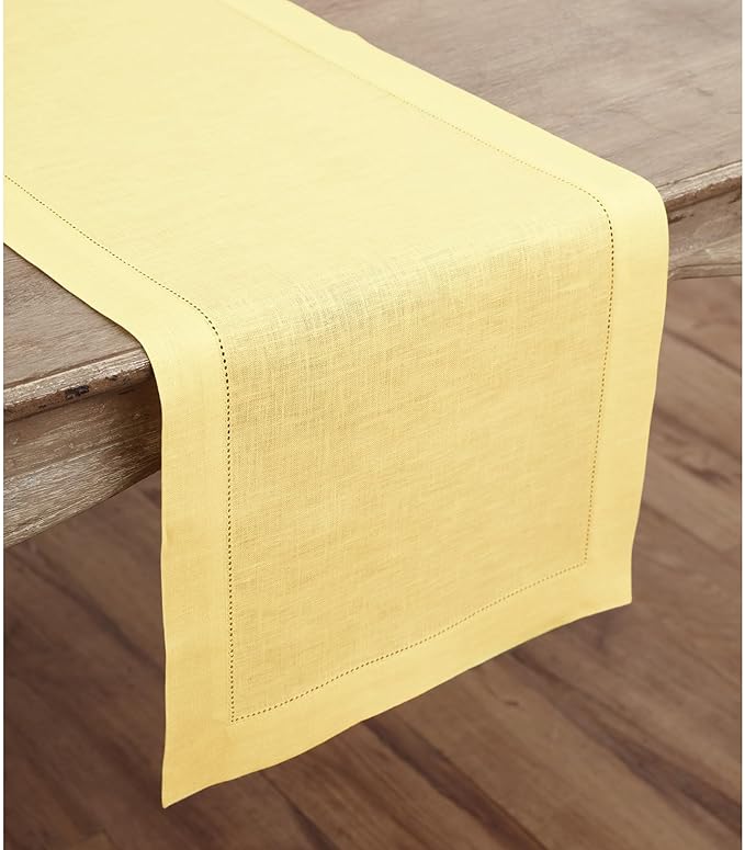 Solino Home Linen Yellow Table Runner 144 Inches Long - 100% Pure Linen Extra Long Table Runner 14 x 144 Inch - Classic Hemstitch