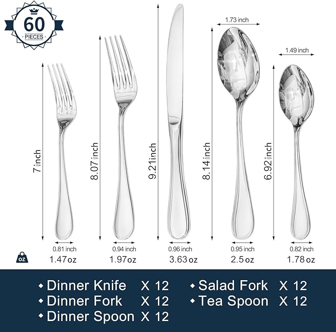KINGSTONE 60 Piece Teardrop Silverware Set for 12, 18/10 Stainless Steel Flatware Set, Modern Design Cutlery Set for Home/Hotel/Wedding,Mirror Polished and Dishwasher Safe