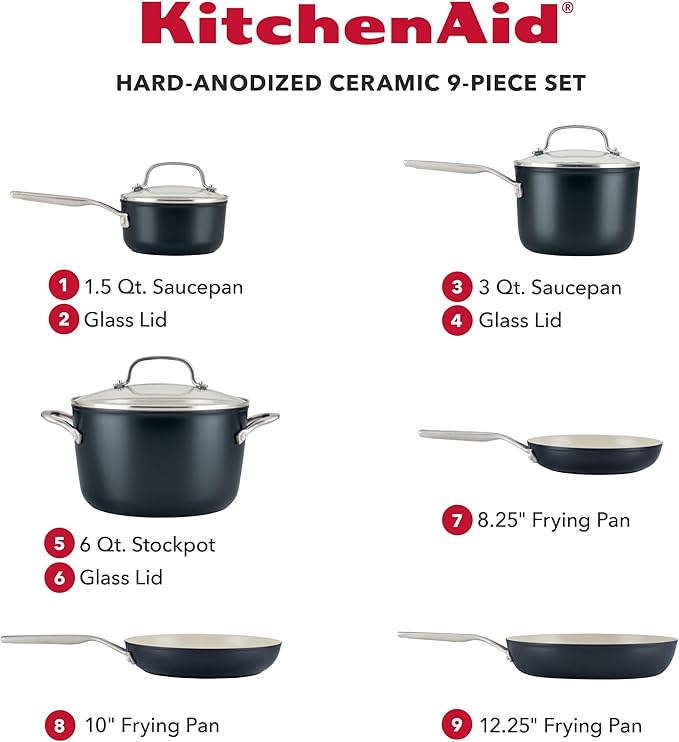 KitchenAid Hard Anodized Ceramic Nonstick Cookware Pots and Pans Set, 9 Piece - Matte Black