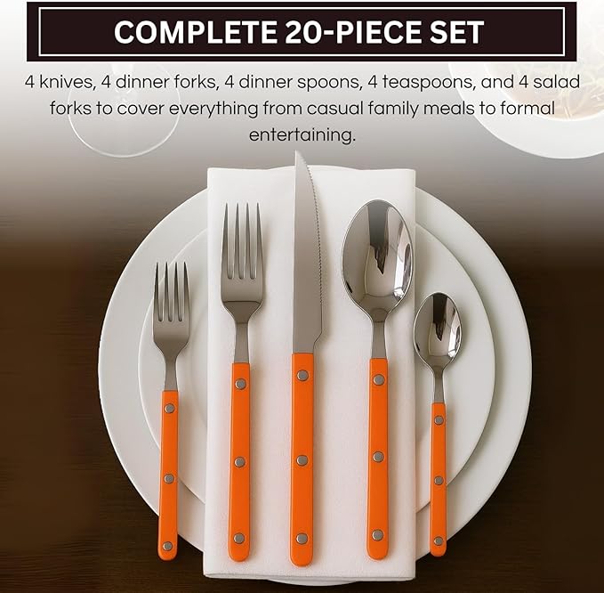 Khen 20-Piece Cutlery Set with Dinner Knives, Forks, Spoons, Salad Forks & Teaspoons – Durable and Dishwasher Safe Utensil Set for Home, Kitchen, Parties & Special Occasions – Orange Handle