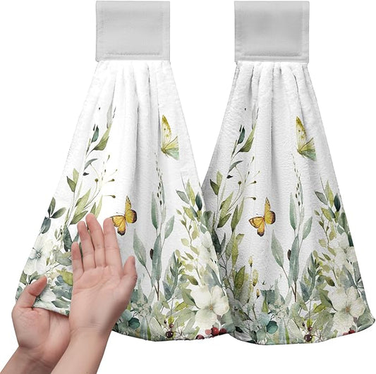 Sage Green Eucalyptus Hand Tie Towels Set of 2 Spring Summer Leaves Hanging Kitchen Towel 12 x 17 Inch Soft Absorbent Dish Towels with Hanging Loop for Kitchen Bathroom Hotel Gym