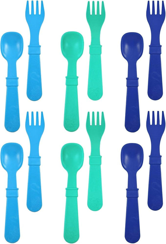 Re-Play Toddler Forks and Spoons Set - 6x6 Utensils Set for Kids - Dishwasher and Microwave Safe - Made in USA - Set of 12-5.8" x 1.2" x 0.2" - True Blue
