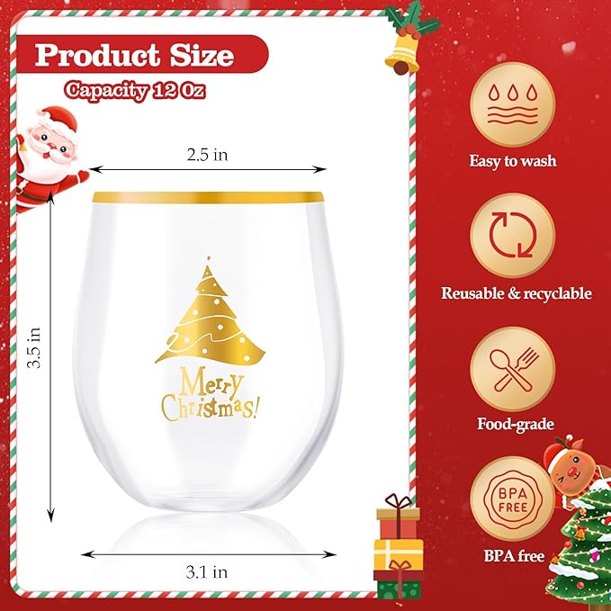 SUT Plastic Wine Glasses, Plastic Christmas Wine Glasses, Plastic Cups, Disposable Wine Glasses, Disposable Cups, 12oz Gold Plastic Wine Glasses for Christmas(24PCS)