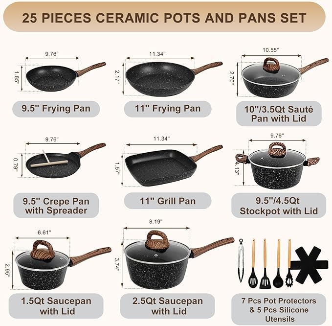 EWFEN 25 Pcs Pots and Pans Set, Nonstick Ceramic Cookware Sets, Healthy Non-Toxic, Large Capacity, Induction Compatible, Cooking Set with Frying Pans & Saucepans, PFAS/PTFE/PFOA Free, Classic Black