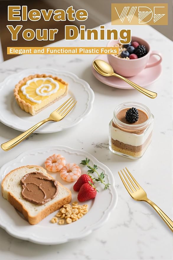 WDF 300PCS Gold Plastic Forks - Heavy Duty Gold Forks Disposable - Sturdy&Durable Plastic Silverware Bulk for Wedding/Christmas Party/Daily Using