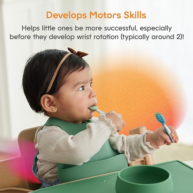 NumNum Baby Spoons Set, Baby Essentials Pre-Spoon GOOtensils for 6+ Months, First Stage Self-Feeding Spoons for Baby Led Weaning (BLW), Silicone Toddler Utensils, BPA-Free, 2 Pack Blue/Yellow