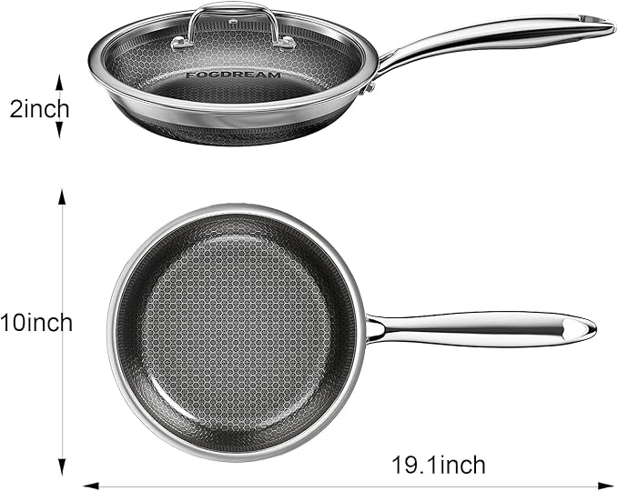 Fogdream 10” Stainless Steel Pan, Non Stick Frying Skillet with Lid, Tri-Ply Stainless Steel for All Cooktops, Dishwasher and Oven-Safe Cooking Pan, Stay-Cool Handle, Silver