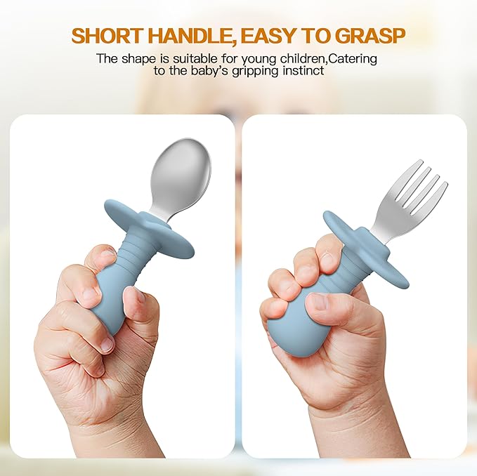 2 Pieces Toddler Utensils Forks and spoons set, Stainless Steel Childrens Silverware for Safe flatware Metal Kids Cutlery set with Round Handle, BPA Free, Anti-Choke Design (Lite Blue)