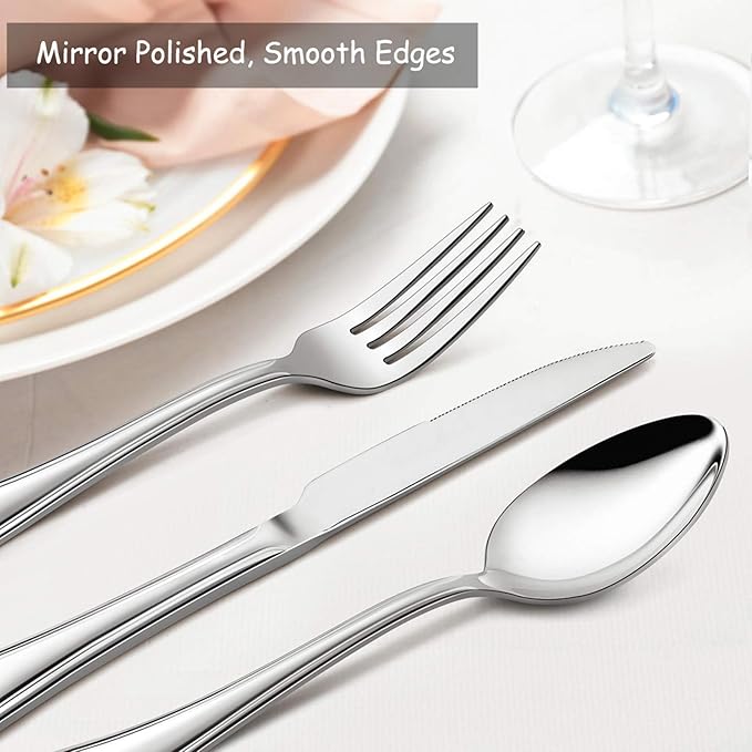 60-Piece Silverware Set, E-far Stainless Steel Flatware Cutlery Set Service for 12, Metal Tableware Eating Utensil Set, Dinner Knives/Forks/Spoons, Scalloped Edge & Mirror Polished - Dishwasher Safe