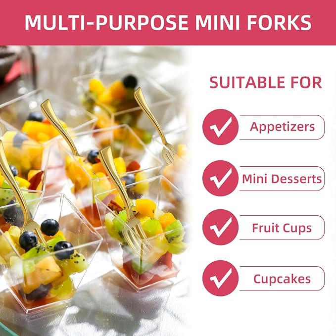 100 PCS Gold Mini Forks Heavy Duty, 4 inch Gold Plastic Fork, Mini Forks for Appetizers, Dessert Fork Disposable, BPA Free, Food Safe, Suitable for All Occasions